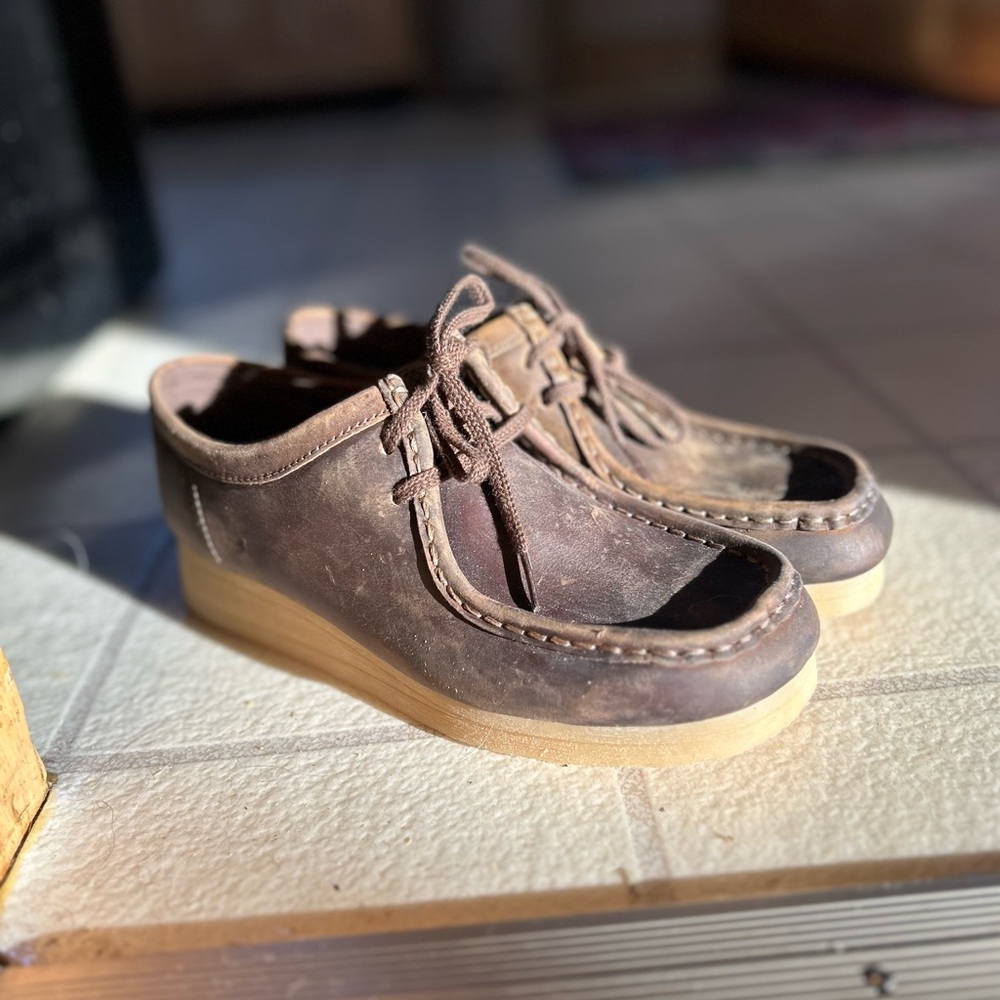 Clark’s Wallabe/Padmora style brown leather shoes with peddle rubber soles